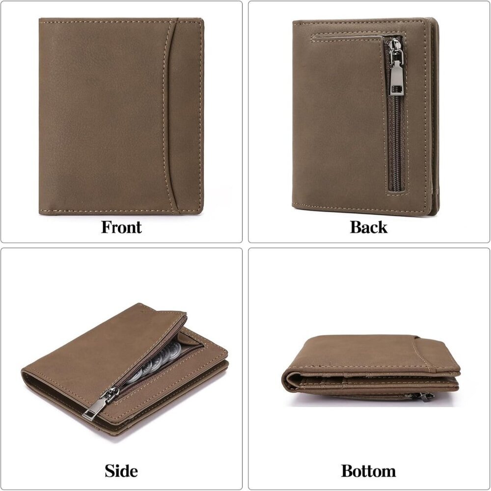 Men's 1 Type Coffee Genuine Leather Minimalist Wallets Card Zipper Coin Pocket - Picture 6 of 7